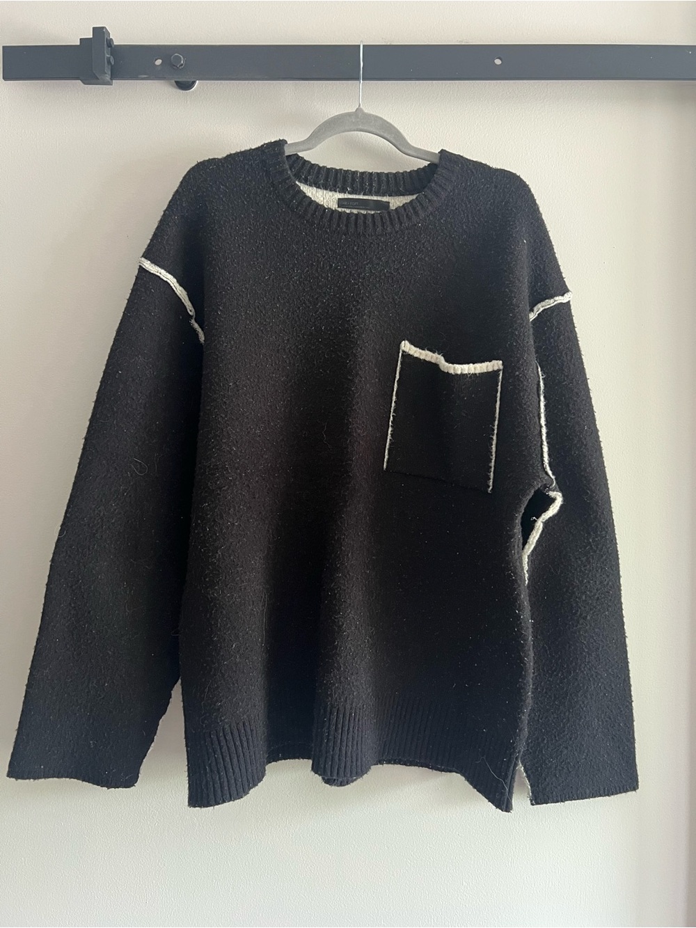 OAK + FORT Black Crewneck Sweater with White Trim Pocket